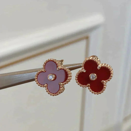 [⭐Aura]CLOVER MEDIUM 1 MOTIFS CARNELIAN  DIAMOND earrings