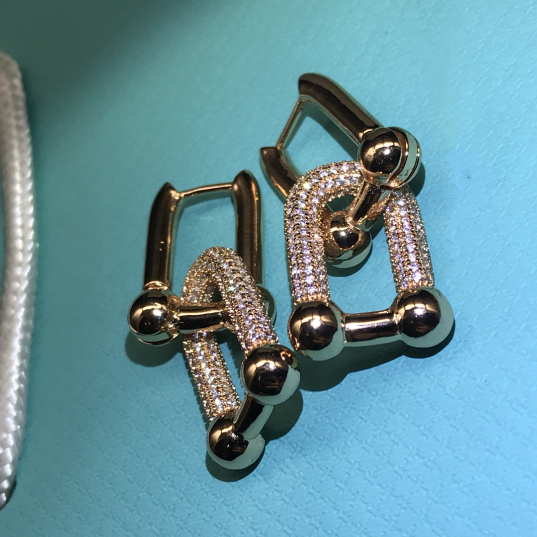[Spark Jewels]HARDWARE DROP EARRINGS DOUBLE LINK DIAMOND