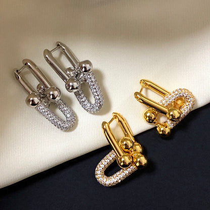 [Spark Jewels]HARDWARE DROP EARRINGS DOUBLE LINK DIAMOND