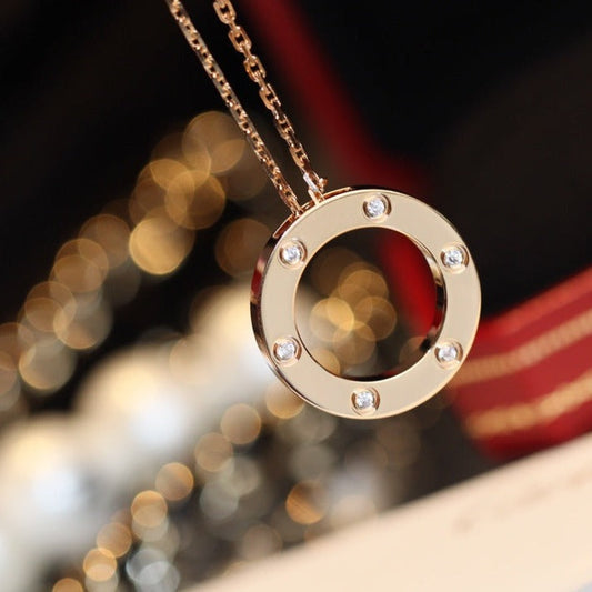 [⭐Aura]LOVE NECKLACE 16MM 6 DIAMONDS PINK GOLD