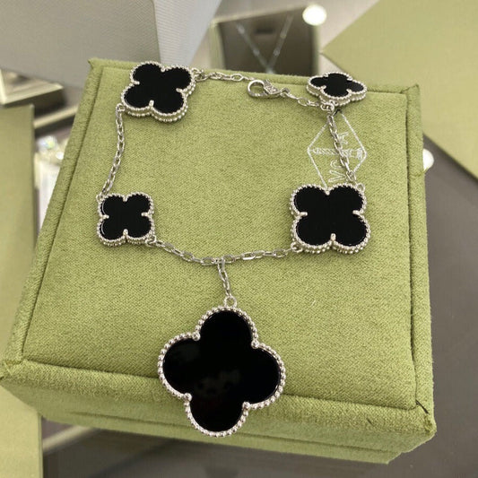 [⭐Aura]CLOVER 5 MOTIFS SIVLER ONYX BRACELET