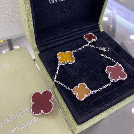 [⭐Aura]CLOVER 5 MOTIFS SIVLER CARNELIAN TIGER EYE BRACELET