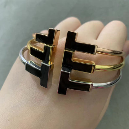 [Spark Jewels]T WIDE ONYX OPEN BRACELET