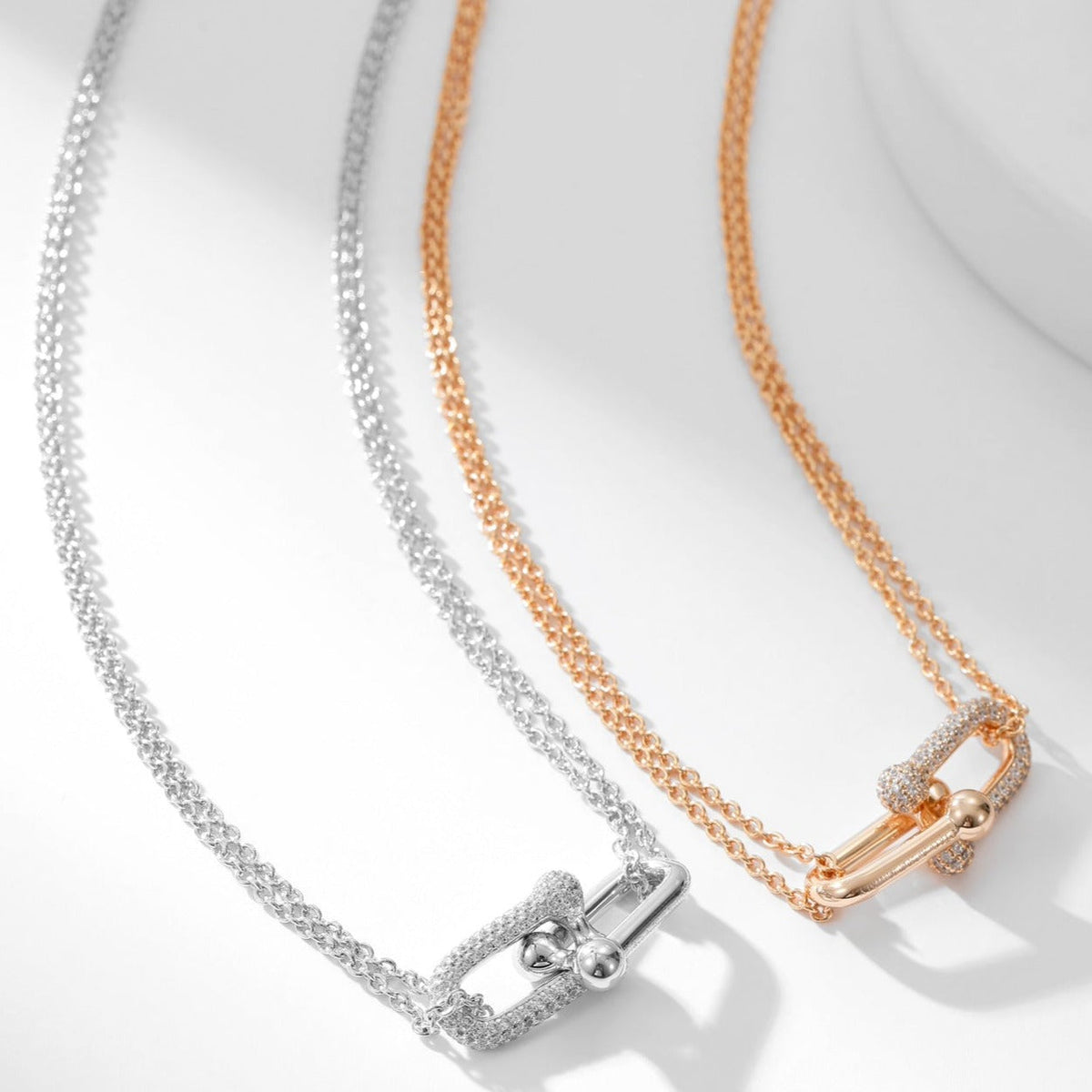 [Spark Jewels]HARDWEAR DIAMOND PEDANT DOUBLE CHAIN NECKLACE