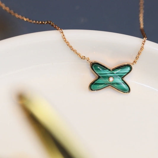 [⭐Aura]JEUX MALACHITE 1 DIAMOND PINK GOLD NECKLACE
