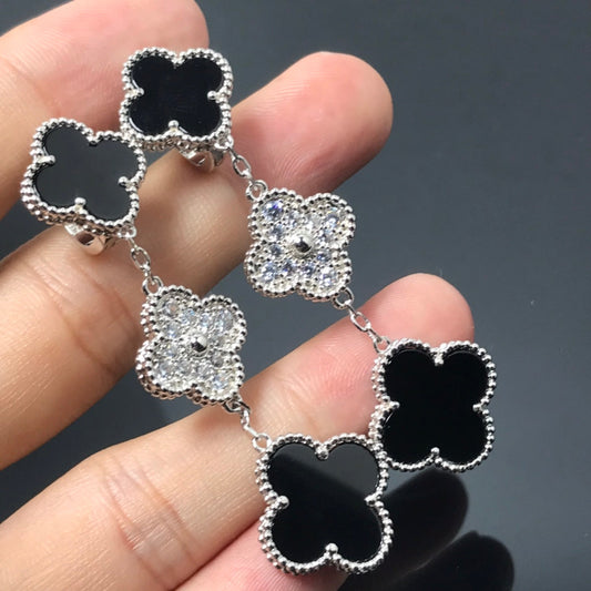 [⭐Aura]CLOVER 3 MOTIF DIAMOND ONYX SILVER EARRINGS
