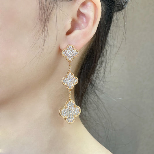 [⭐Aura]CLOVER 3 MOTIFS DIAMOND PAVED ROSE GOLD EARRINGS