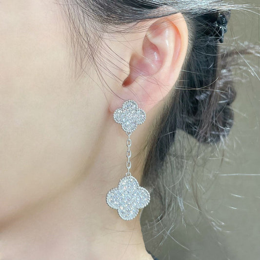 [⭐Aura]CLOVER 2 MOTIFS DIAMOND PAVED SILVER EARRINGS