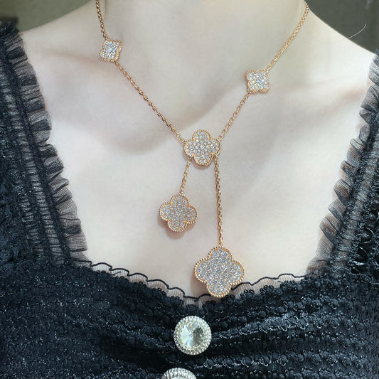 [⭐Aura]CLOVER 6 MOTIF DIAMOND PAVED NECKLACE