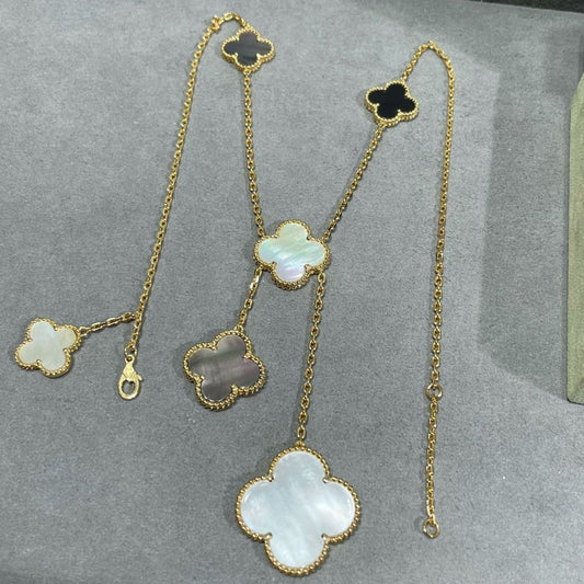 [⭐Aura]CLOVER 6 MOTIF MOP ONYX GOLD NECKLACE