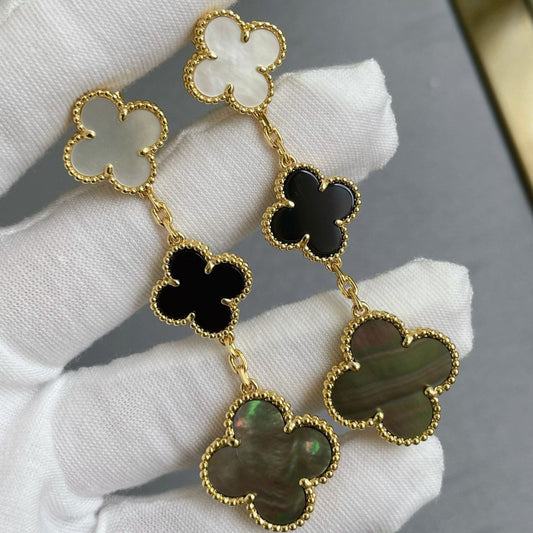 [⭐Aura]CLOVER 3 MOTIF MOP ONYX DARK MOP PINK GOLD EARRINGS