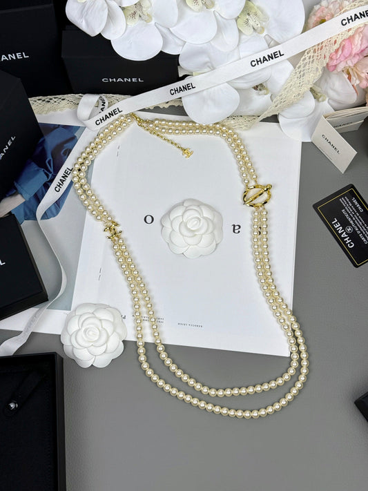 [⭐Aura]25K Pencil Double C Double-Layer Pearl Sweater Chain