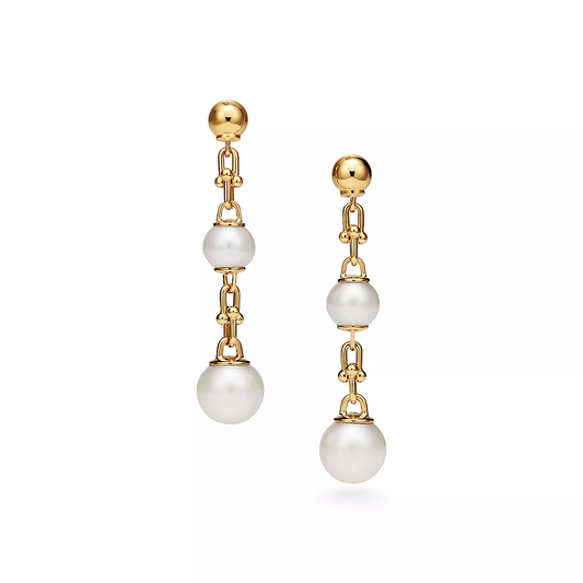 [Spark Jewels]TRIPLE DROP LINK EARRINGS GOLD WITH FRESHWATER PEARLS