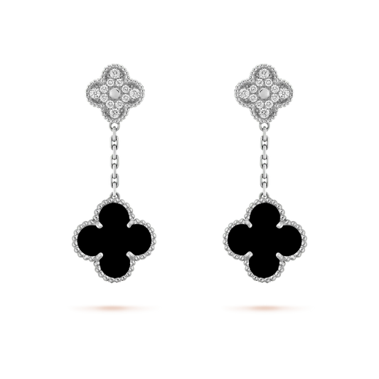 [⭐Aura]CLOVER 2 MOTIFS  DIAMOND ONYX EARRINGS SILVER