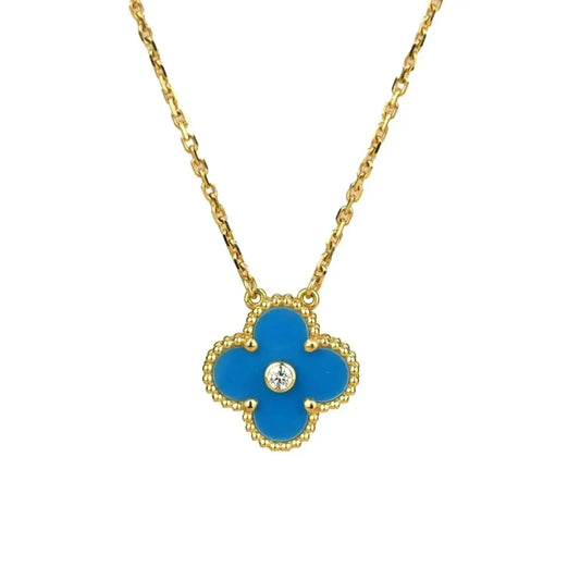 [⭐Aura]CLOVER 15MM DIAMOND AND BLUE AGATE NECKLACE