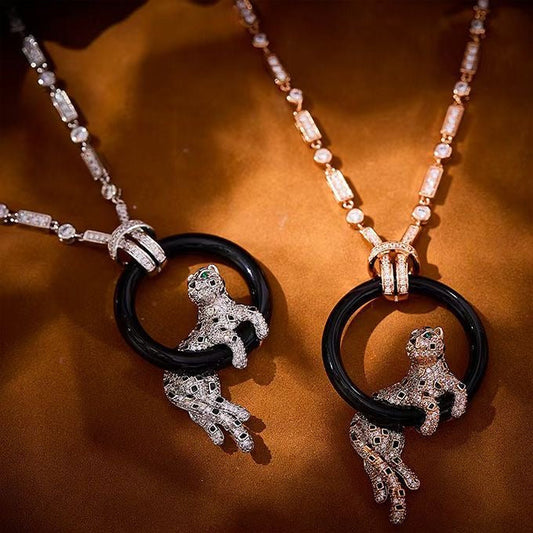 [⭐Aura jewelrys]NEW BLACK CIRCLE PANTHER FULL DIAMOND NECKLACE