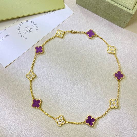 [⭐Aura Jewelry]CLOVER 10 MOTIFS  PURPLE VIOLET DIAMOND NECKLACE