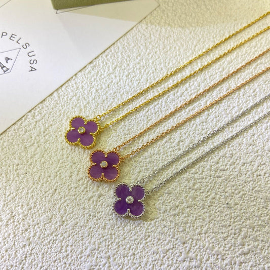 [⭐Aura Jewelry]CLOVER 15MM DIAMOND  PURPLE VIOLET NECKLACE