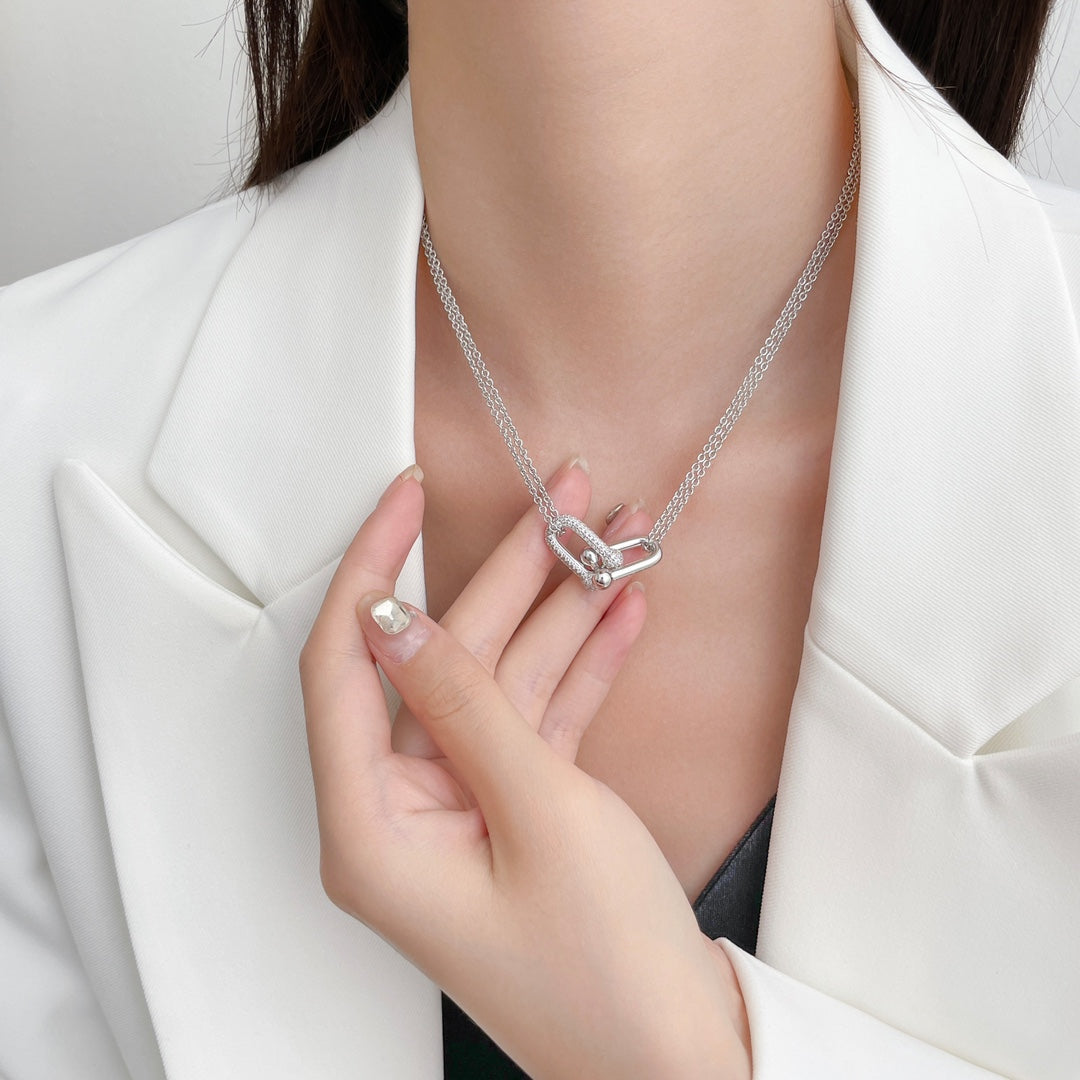 [Spark Jewels]HARDWEAR DIAMOND PEDANT DOUBLE CHAIN NECKLACE