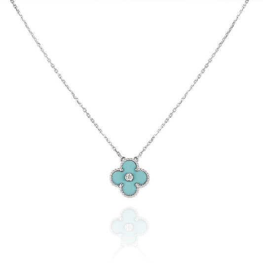 [⭐Aura]CLOVER 1 DIAMOND LIGHT BLUE SILVER NECKLACE