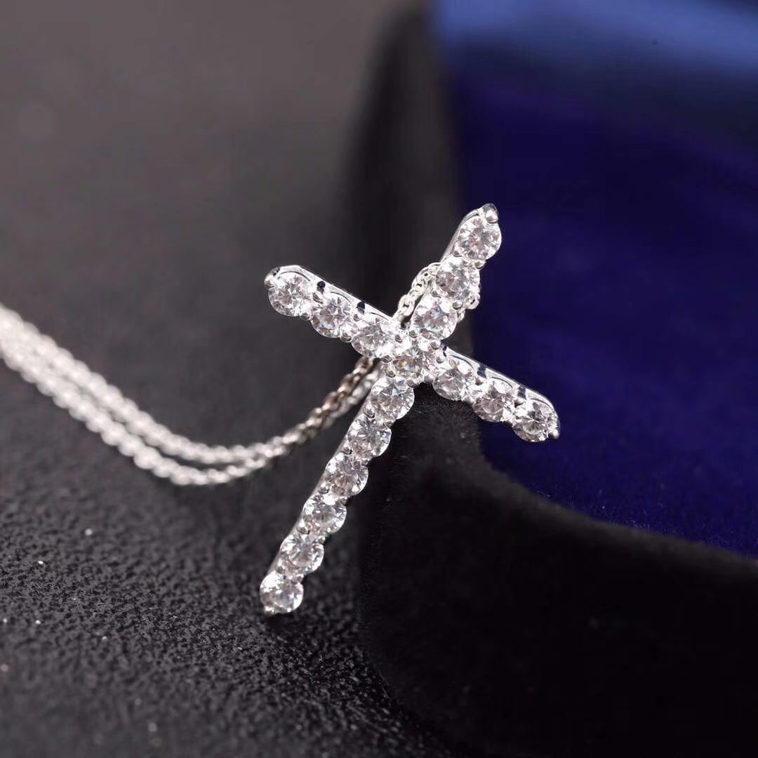 [Spark Jewels]MOISSANITE STONE CROSS PENDANT NECKLACE SIMULATED DIAMOND CROSS CHOKER
