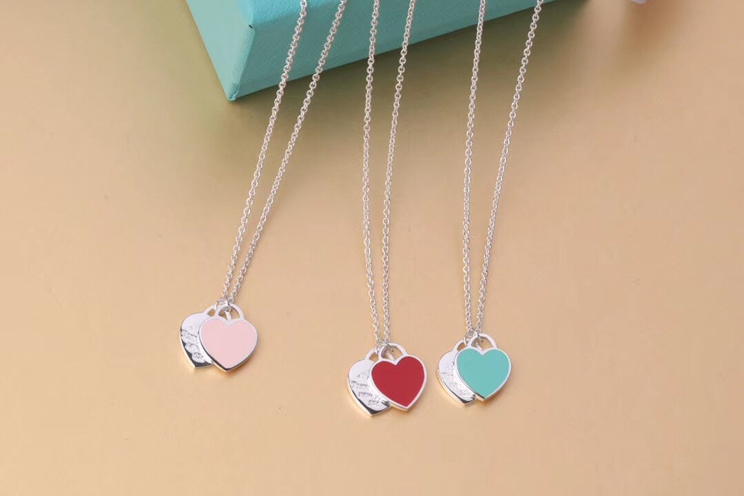[Spark Jewels]DOUBLE HEART TAG PENDANT SILVER MINI NECKLACE