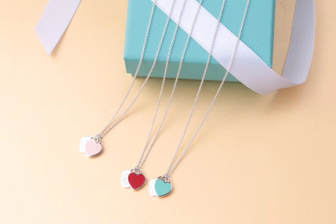 [Spark Jewels]DOUBLE HEART TAG PENDANT SILVER MINI NECKLACE