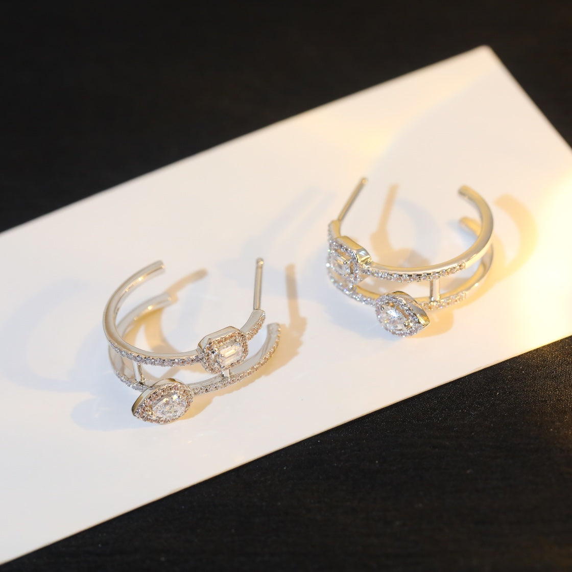 [⭐Aura]CREOLES MY TWIN 2 RANGS SILVER DIAMOND EARRINGS