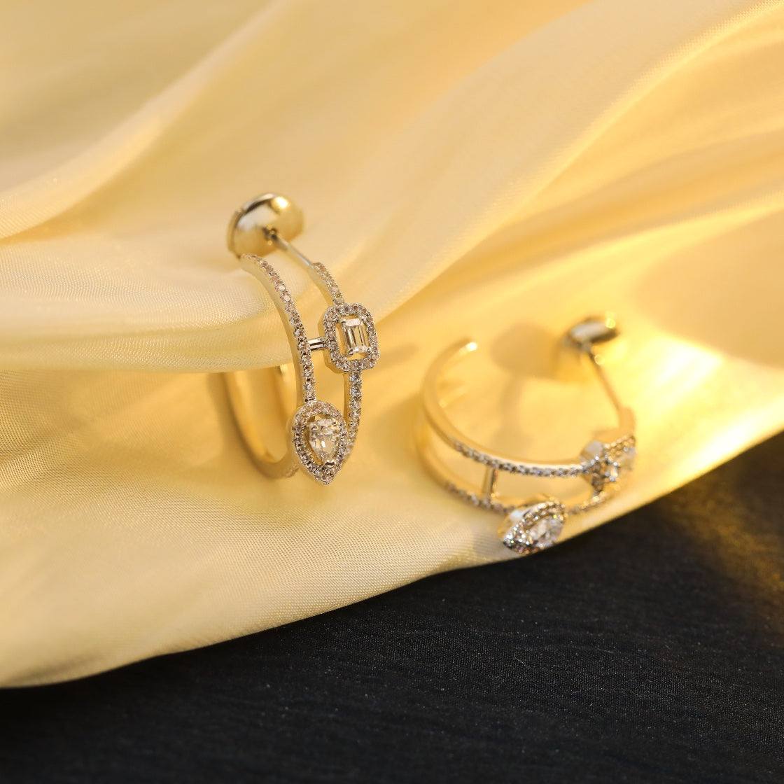 [⭐Aura]CREOLES MY TWIN 2 RANGS SILVER DIAMOND EARRINGS