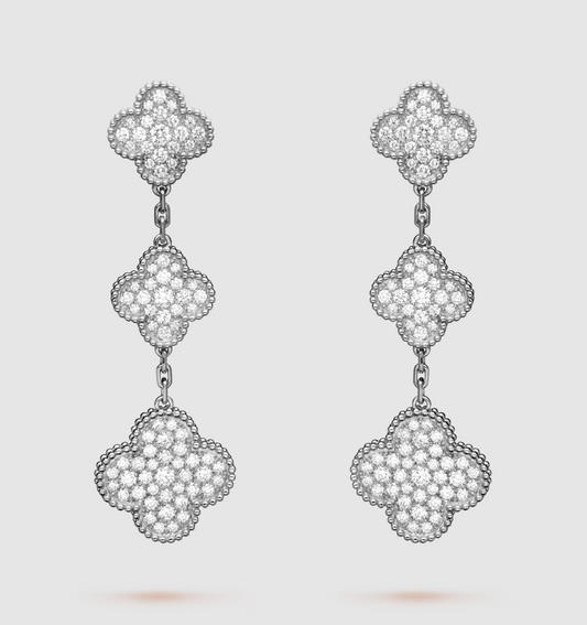 [⭐Aura]CLOVER 3 MOTIF DIAMOND SILVER DROP EARRINGS