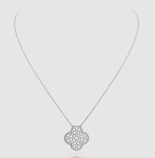 [⭐Aura]CLOVER 25MM LARGE PENDANT DIAMOND PAVED SILVER NECKLACE