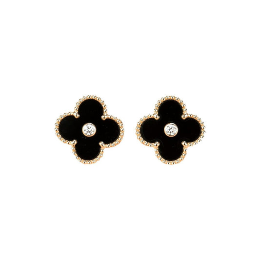 [⭐Aura]CLOVER MEDIUM 1 MOTIFS ONYX DIAMOND EARRINGS