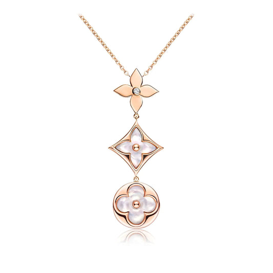 [⭐Aura]COLOR BLOSSOM LARIAT NECKLACE PINK GOLD WHITE MOTHER PEARL AND DIAMOND