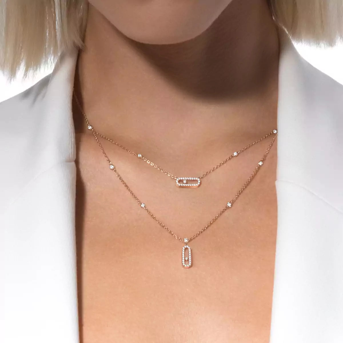 [⭐Aura]2 Rows Rose Gold Diamond Pave_ Necklace Move Uno