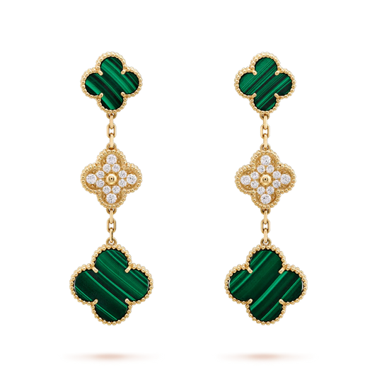 [⭐Aura]CLOVER EARRINGS GOLD MALACHITE DIAMOND 3 MOTIF