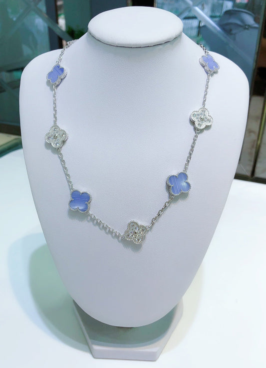 [⭐Aura]CLOVER 10 MOTIFS CHALCEDONY DIAMONDS SILVER NECKLACE