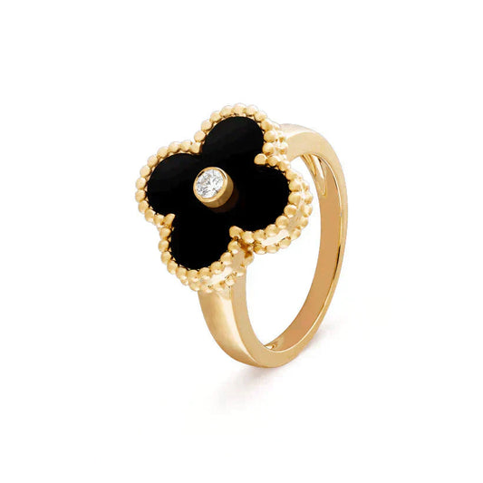 [⭐Aura]CLOVER ONYX RING GOLD DIAMOND